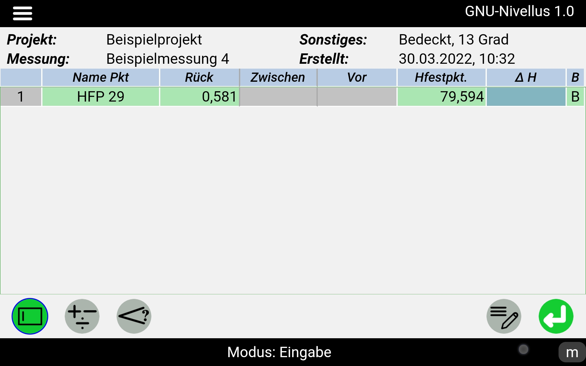 Erste Zeile des Nivellement-Protokolls