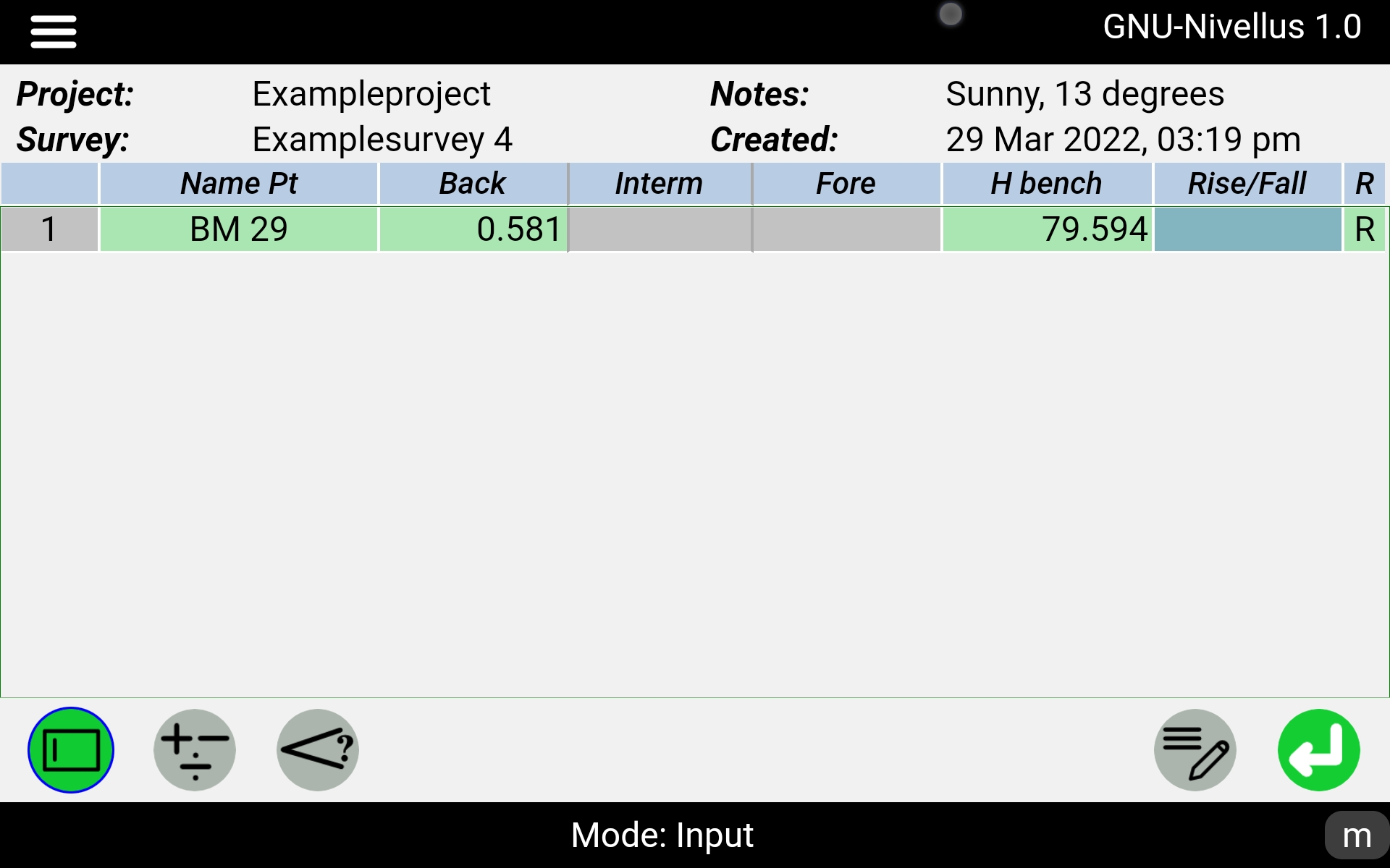 First row of spirit levelling table protocol