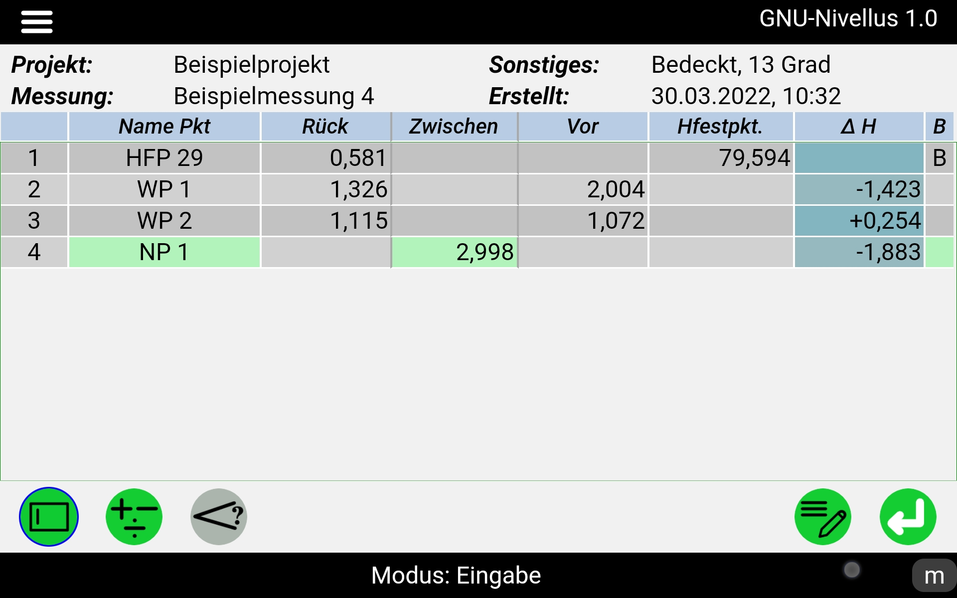 Eingabemodus der Nivellementtabelle