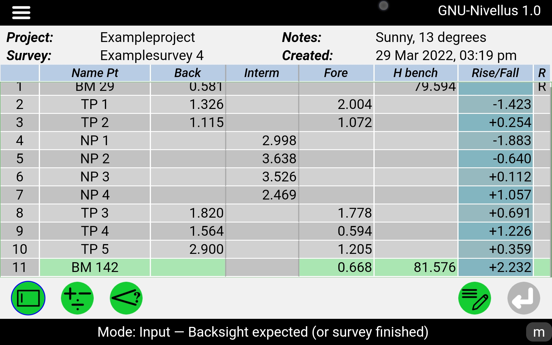 Overview table with backsight, intermediate sight, foresight, benchmark and rise / fall