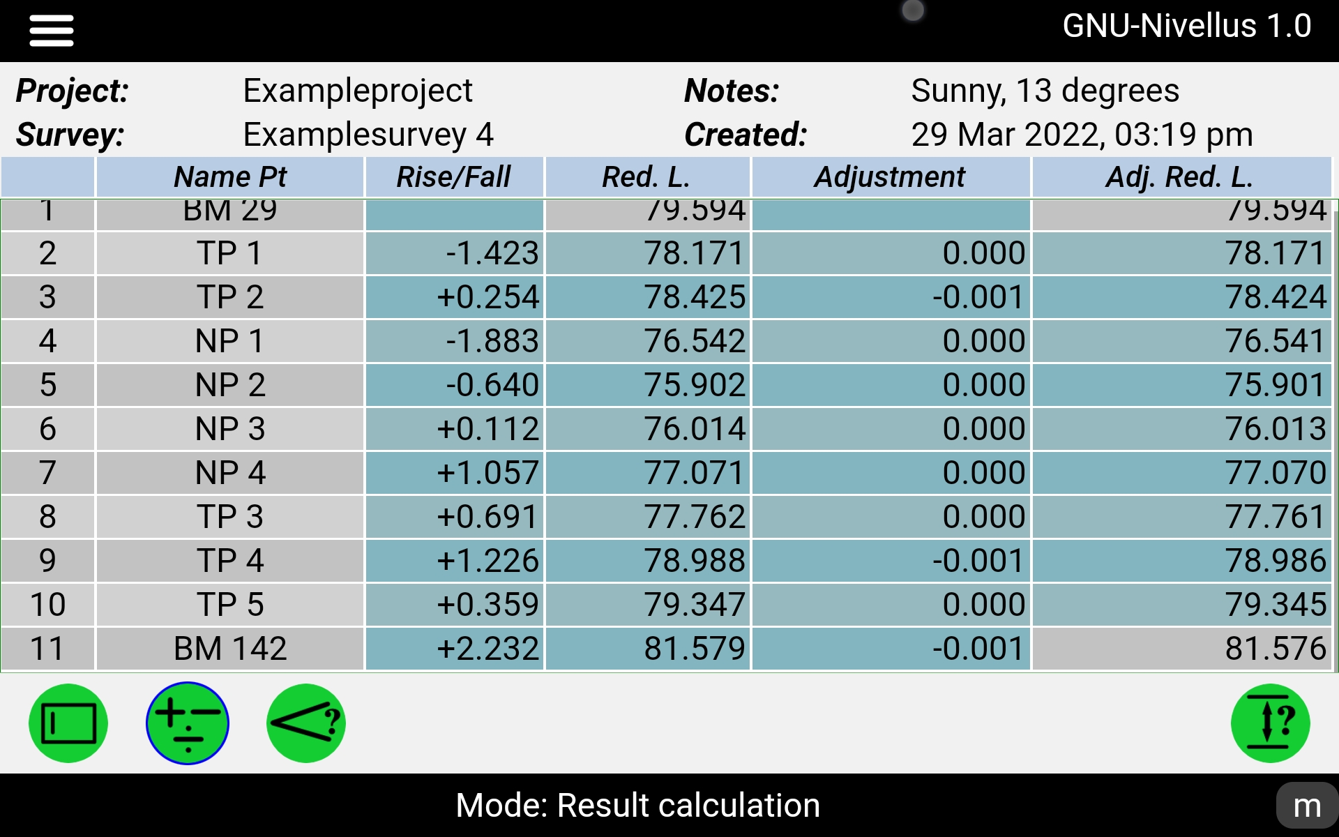 GNU-Nivellus - result calculation with reduced level, adjustment and adjusted reduced level