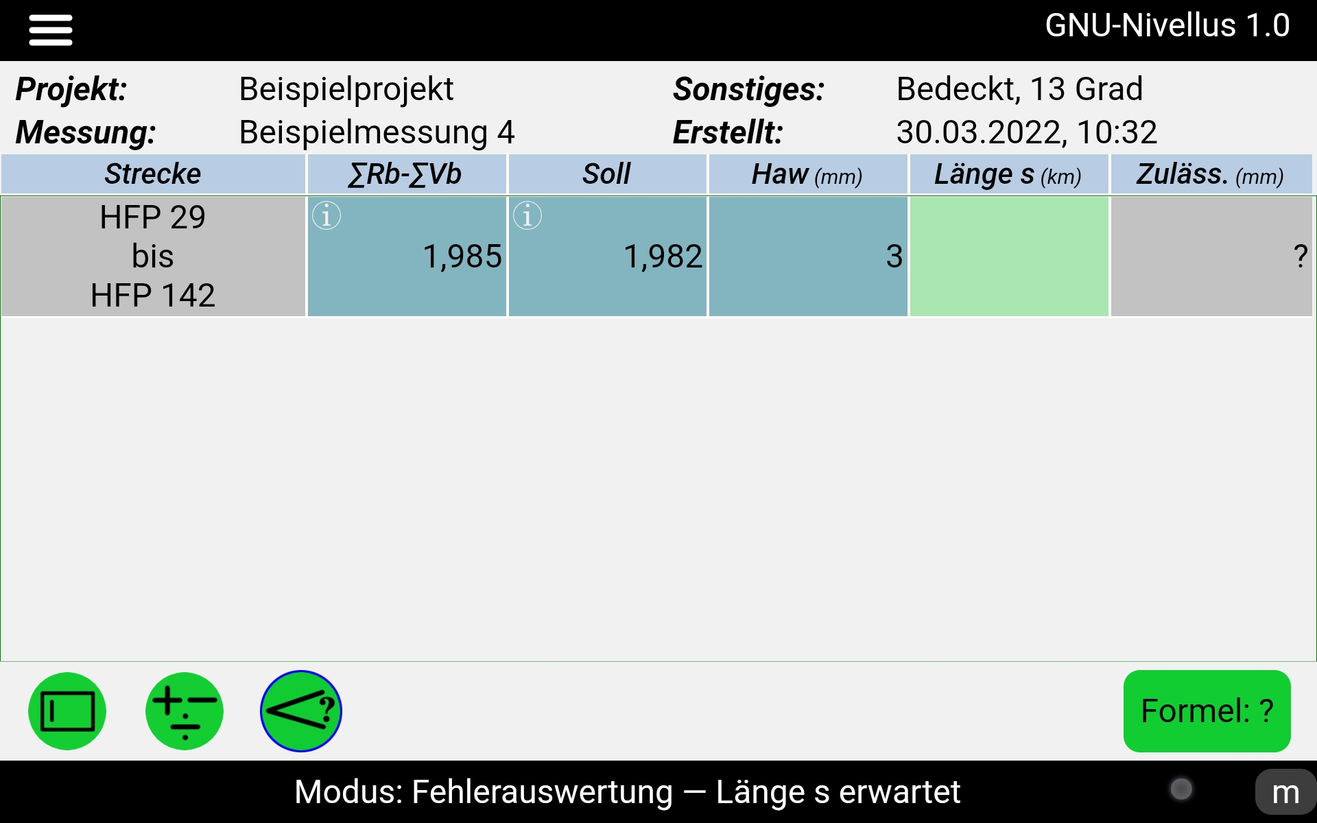 GNU-Nivellus android app - Modus Fehlerauswertung