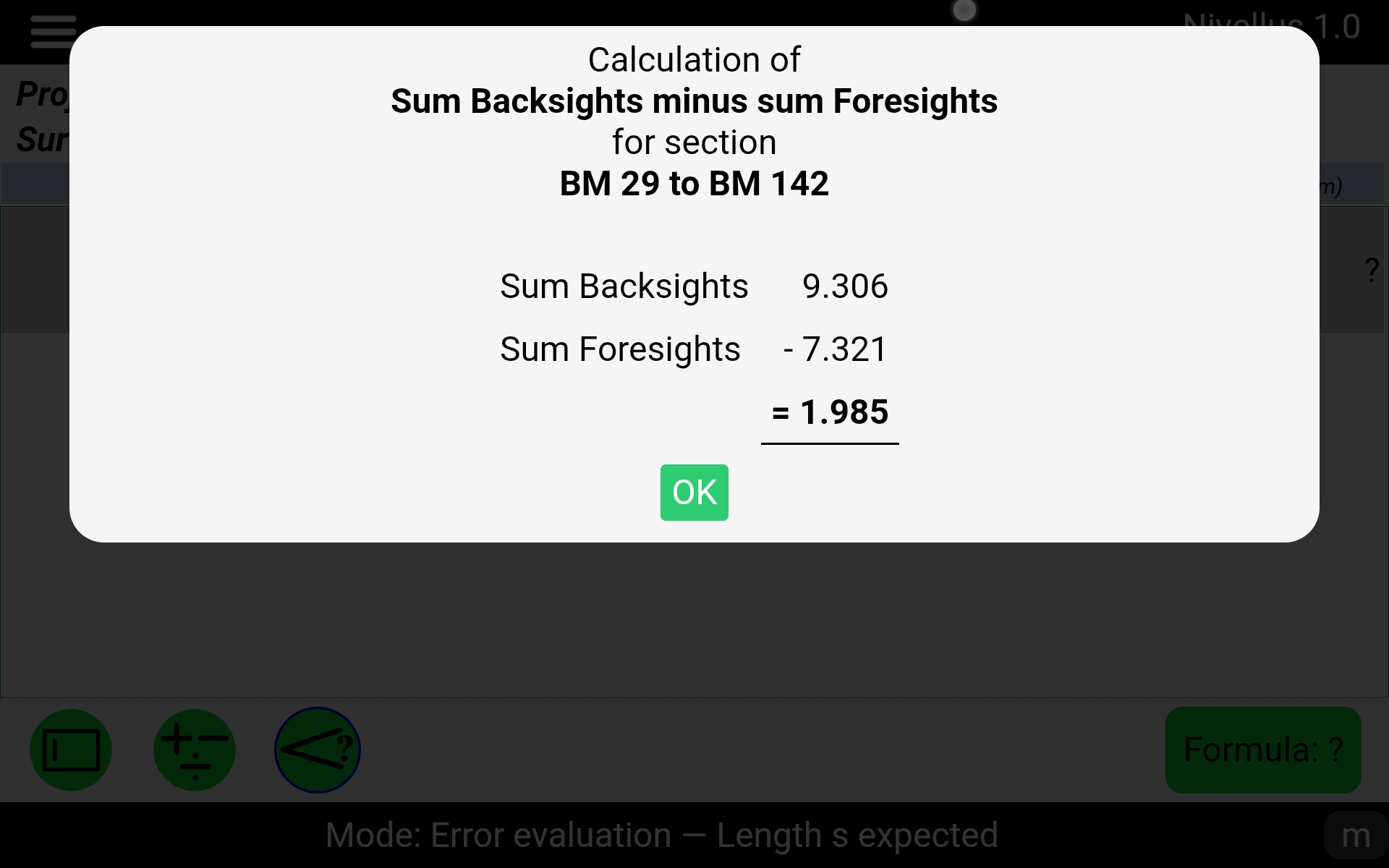 Calculation of sum foresights minus sum backsights