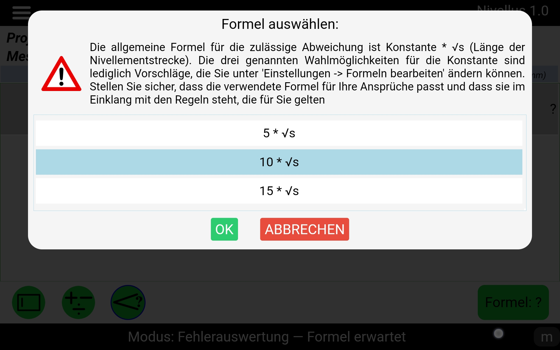 Auswahl der Formel zur Berechnung der zulässigen Abweichung