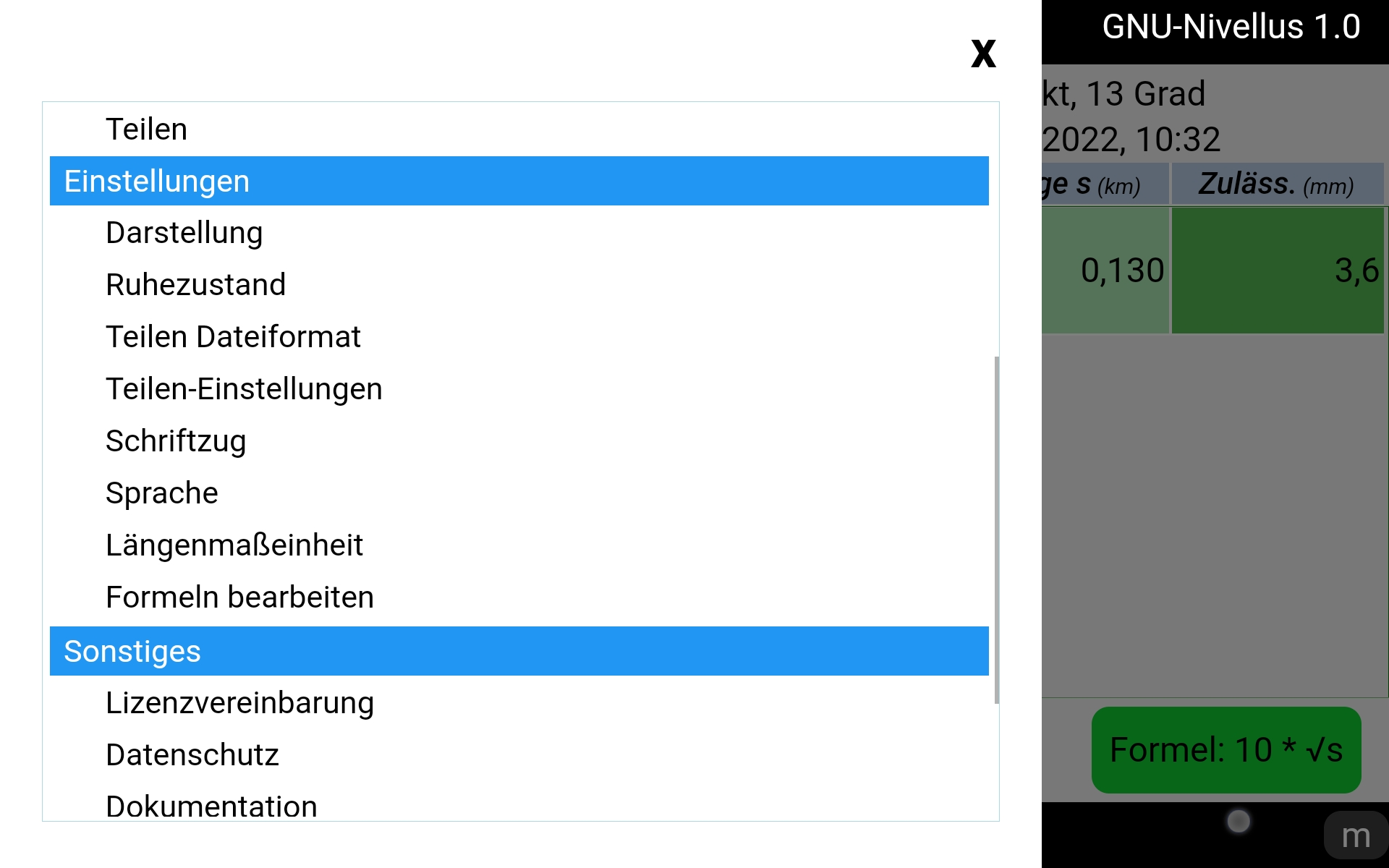 Geometrisches Nivellement App - Menü Einstellungen