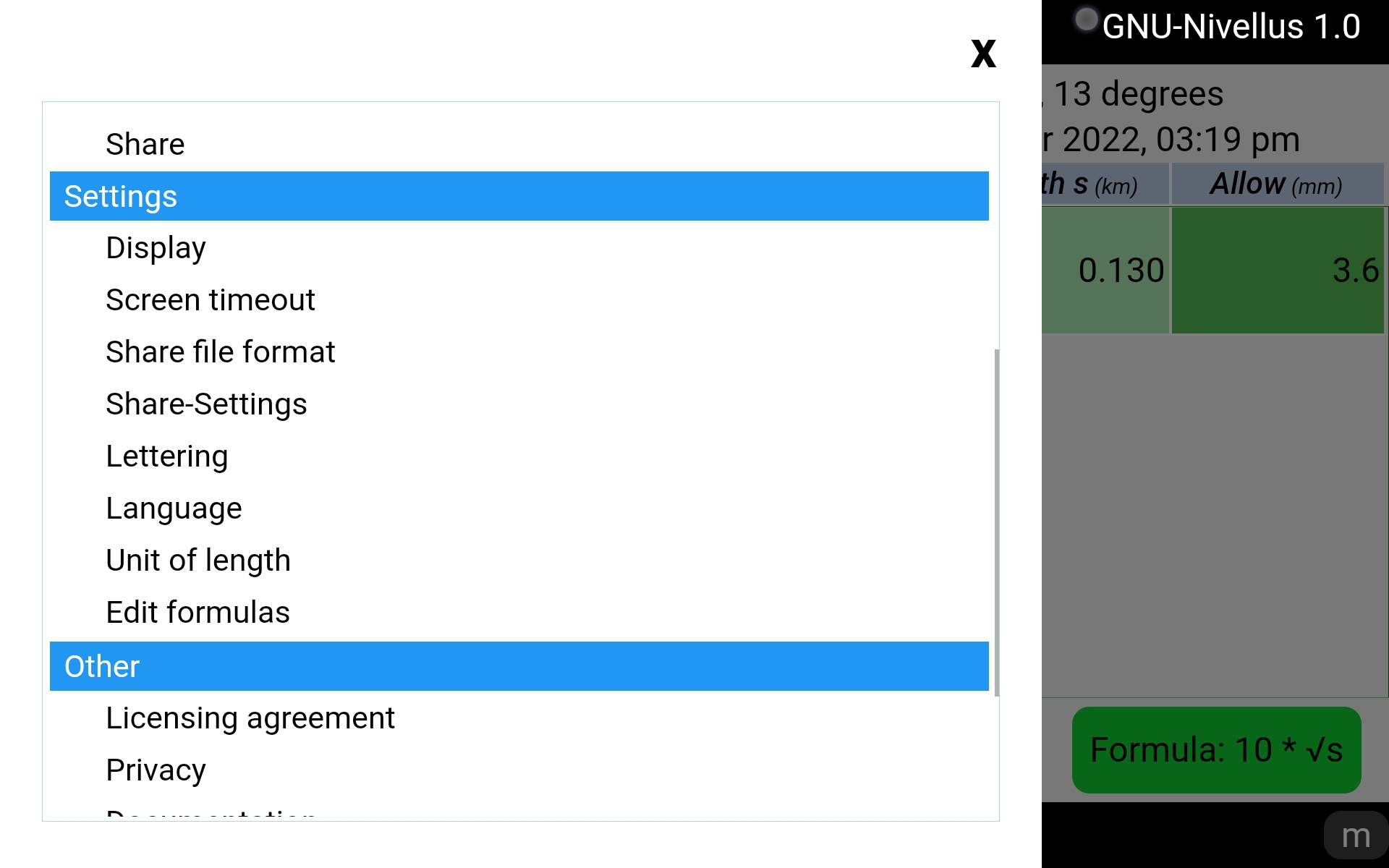 Differential leveling app - menu settings