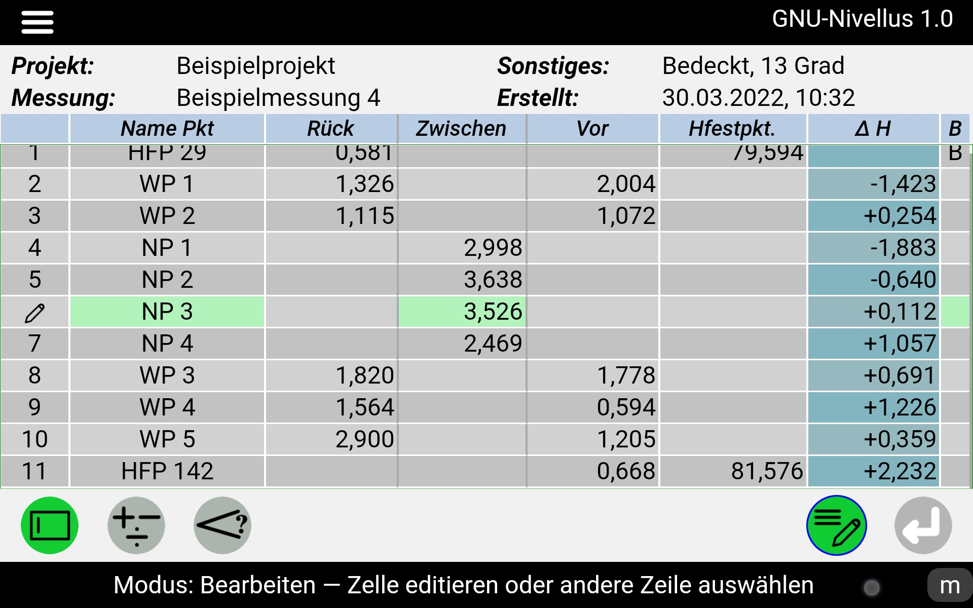 GNU-Nivellus Nivellementtabelle bearbeiten