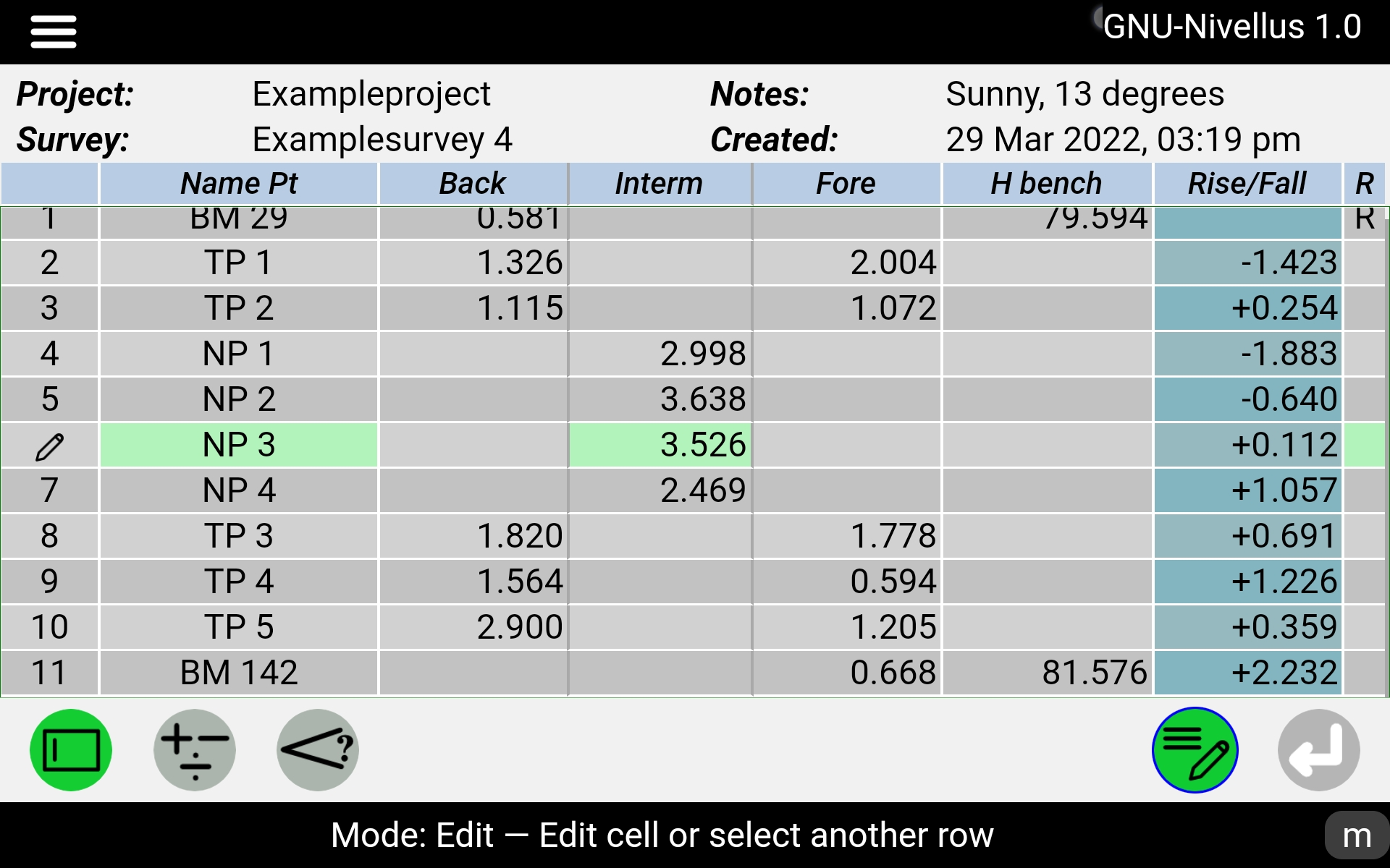 GNU-Nivellus edit differnetial levelling table