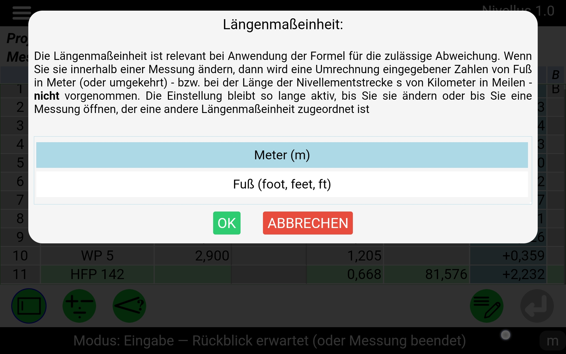 Auswahl Längenmaßeinheit Meter / Fuß